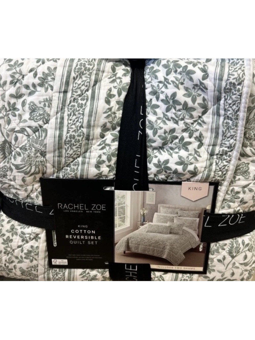 Rachel Zoe Green and White King Cotton Reversible Floral Quilt Set 106”x92”